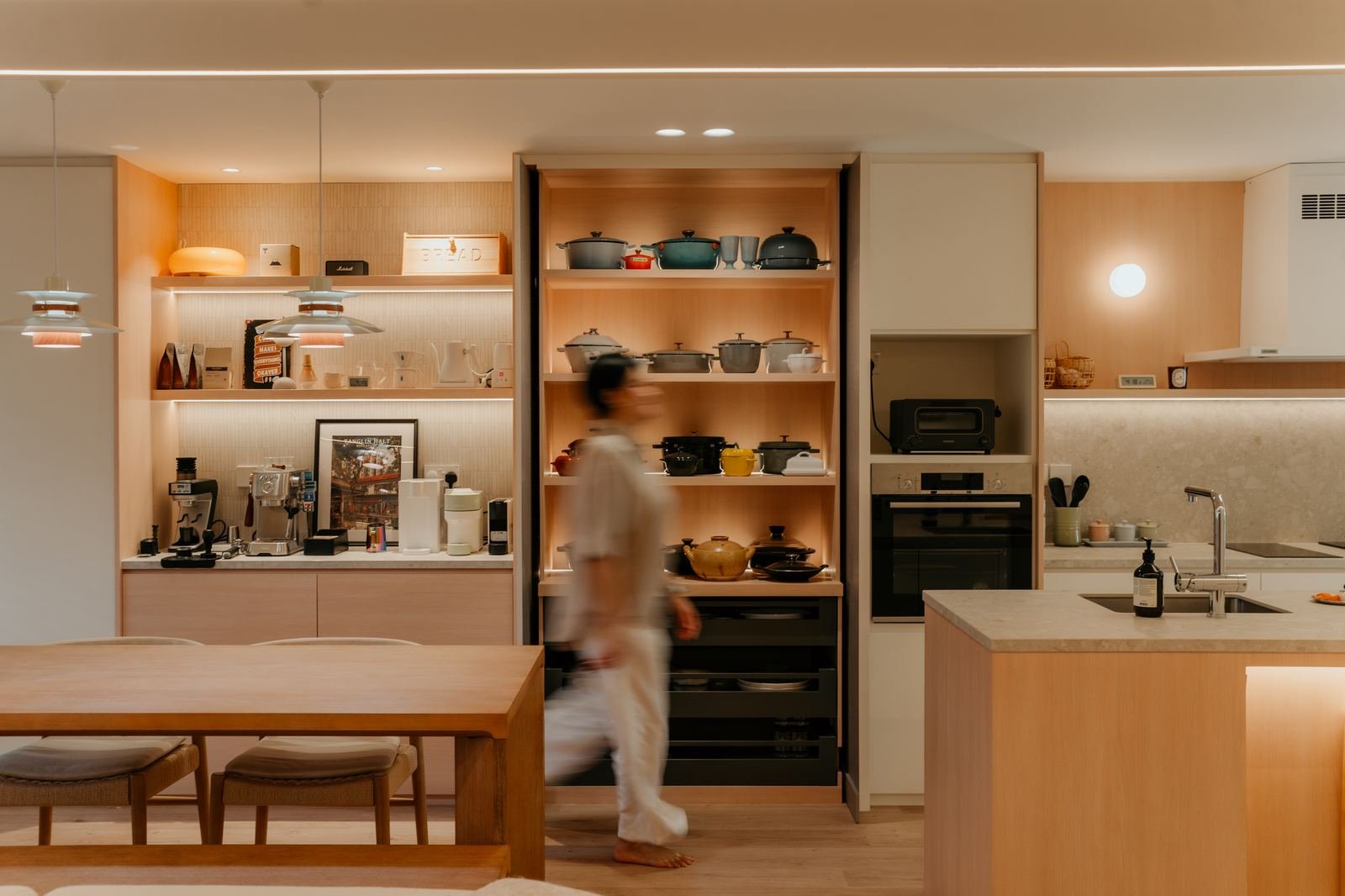 Japandi kitchen with curated pantry shelving